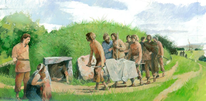 Artist rendering of a burial at the Arthur's Stone.