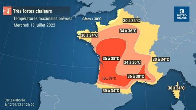 Ce mercredi 13 juillet, la vague de chaleur qui s'abat actuellement sur la France va continuer à s'étendre. Il devrait notamment faire très chaud à Paris et Nantes, mais aussi dans le centre du pays, qui étaient auparavant relativement épargnés par les très fortes chaleurs.