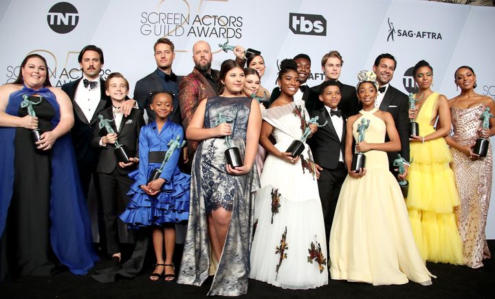 The cast of This Is Us, winners of the Outstanding Performance by an Ensemble in a Drama Series, at the 2017 Annual Screen Actors Guild Awards.