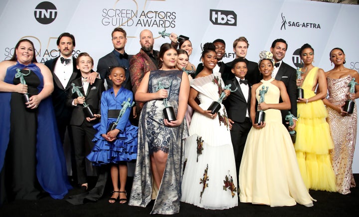 The cast of This Is Us, winners of the Outstanding Performance by an Ensemble in a Drama Series, at the 2017 Annual Screen Actors Guild Awards.