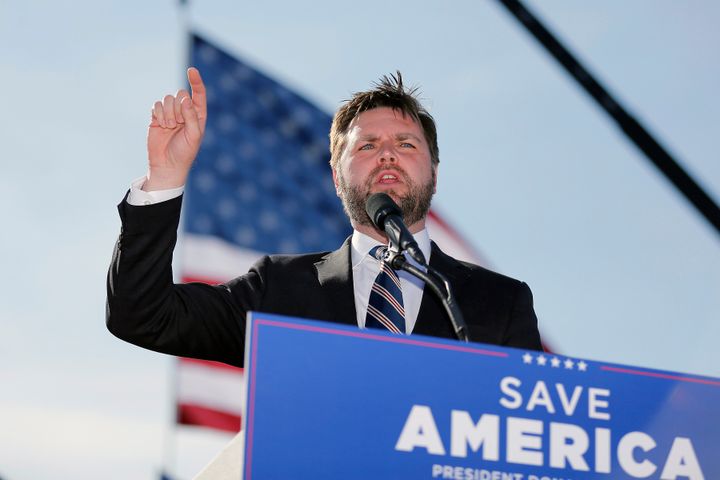 Republican Senate candidate J.D. Vance speaks at a rally at the Delaware County Fairgrounds on April 23 in Delaware, Ohio.
