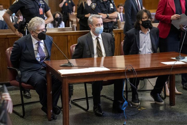 From left, Glenn Horowitz, Craig Inciardi, and Edward Kosinski appear in criminal court after being indicted for conspiracy involving handwritten notes from the famous Eagles album "Hotel California" on July 12 in New York.