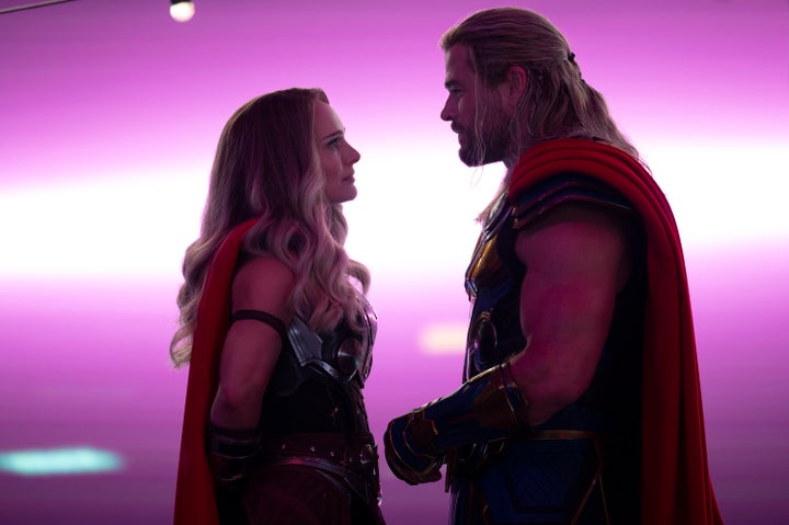Natalie Portman and Chris Hemsworth in a scene from "Thor: Love and Thunder."