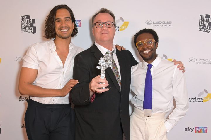 (L to R) Nathaniel Curtis, Russell T Davies and Omari Douglas, winners of the TV Drama award for It's A Sin at the South Bank Sky Arts Awards 2022.