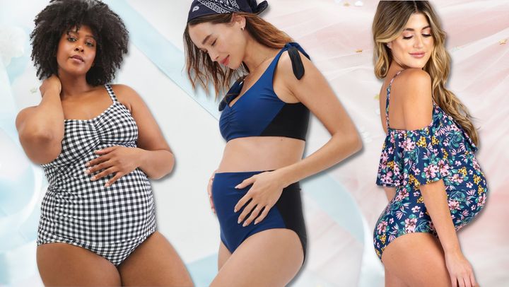 Light Blue Ruffle Trim Ruched One-Piece Maternity Swimsuit– PinkBlush