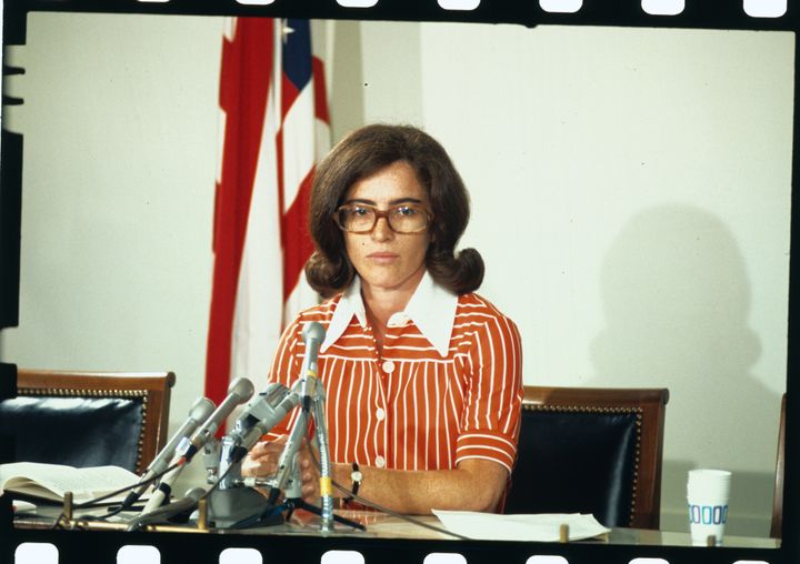 Rep. Elizabeth Holtzman (D-N.Y.) speaks to reporters in 1973 about her lawsuit seeking to end the U.S. government's bombing of Cambodia, which she argued was illegal.