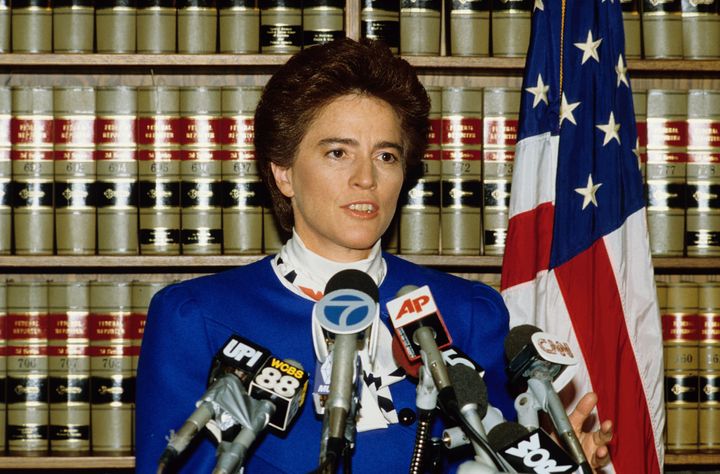 Holtzman, as Brooklyn district attorney, addresses the press after the conviction of Carmine Persico, boss of the Colombo crime family, in November 1986.