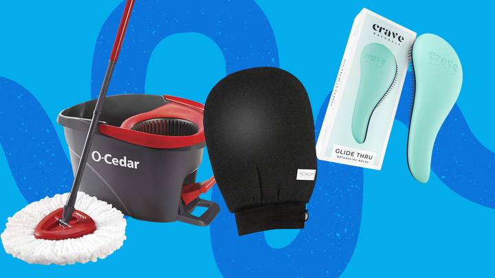 O-Cedar EasyWring microfiber spin mop, Seraphic Korean skincare exfoliating mitt and Crave naturals glide thru detangling brush. 