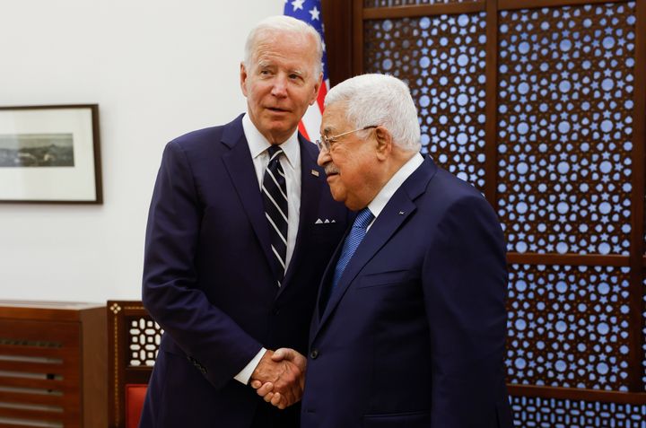 Palestinian Authority President Mahmoud Abbas, right, meets U.S. President Joe Biden in the West Bank city of Bethlehemon July 15, 2022. 