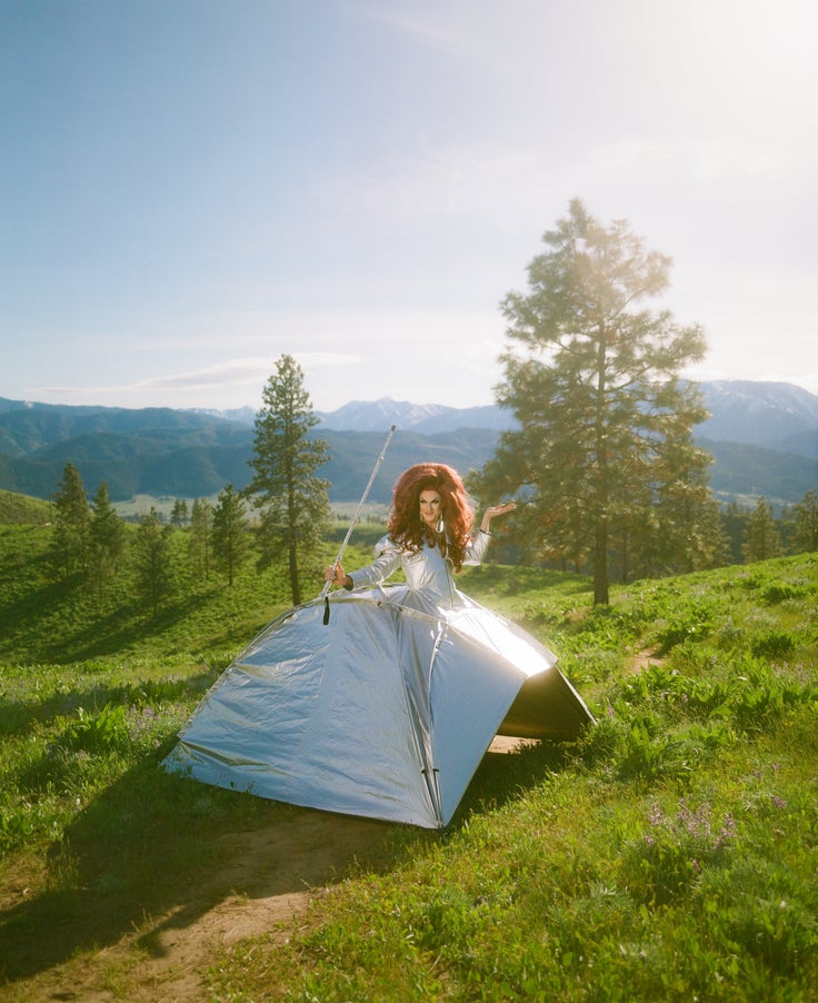 Pattie Gonia in a tent-turned-dress, slaying in the mountains.