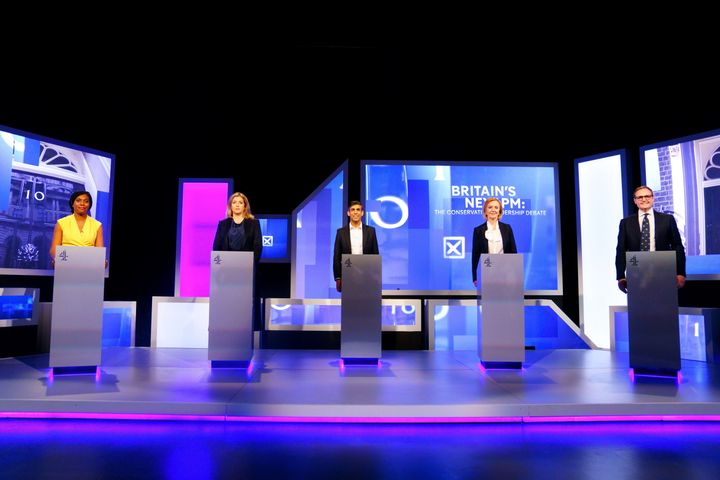 Kemi Badenoch, Penny Mordaunt, Rishi Sunak, Liz Truss and Tom Tugendhat before the live television debate for the candidates for leadership of the Conservative party, hosted by Channel 4.