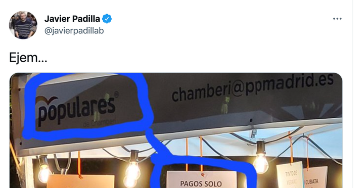 Tuit de Javier Padilla (Más Madrid) sobre el cartel del PP de Madrid en las fiestas de Chamberí.