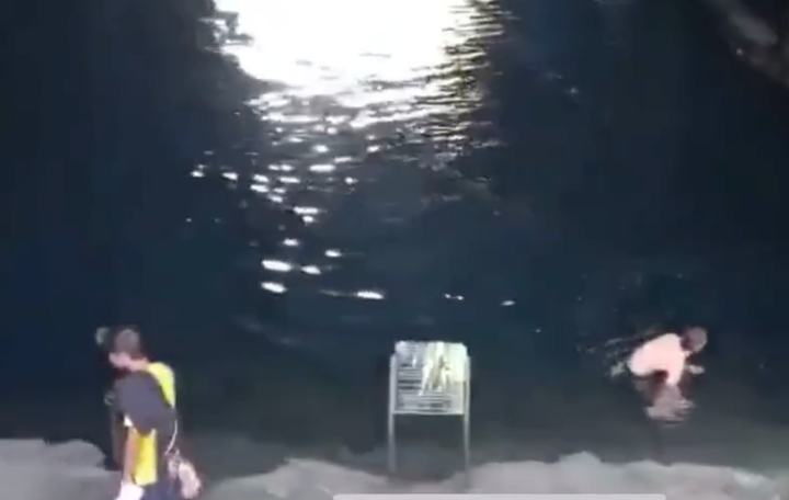 Varios turistas se bañan en los Jameos del Agua (Lanzarote).