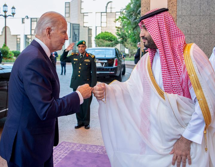 President Joe Biden and Saudi Crown Prince Mohammed Bin Salman greet each other with a fist bump in Jeddah, Saudi Arabia, on Friday.
