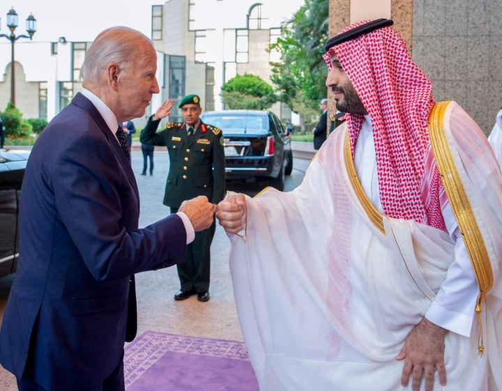 President Joe Biden and Saudi Crown Prince Mohammed Bin Salman greet each other with a fist bump in Jeddah, Saudi Arabia, on Friday.