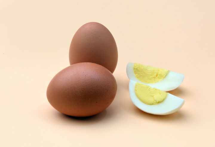 hard boiled brown eggs with sliced egg