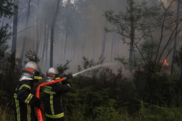 Des pompiers tentant de maîtriser un incendie de forêt près de Louchats en Gironde, le 17 juillet 2022.