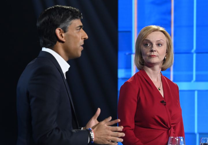 Rishi Sunak and Liz Truss during Britain's Next Prime Minister: The ITV Debate at Riverside Studios on July 17, 2022 in London.
