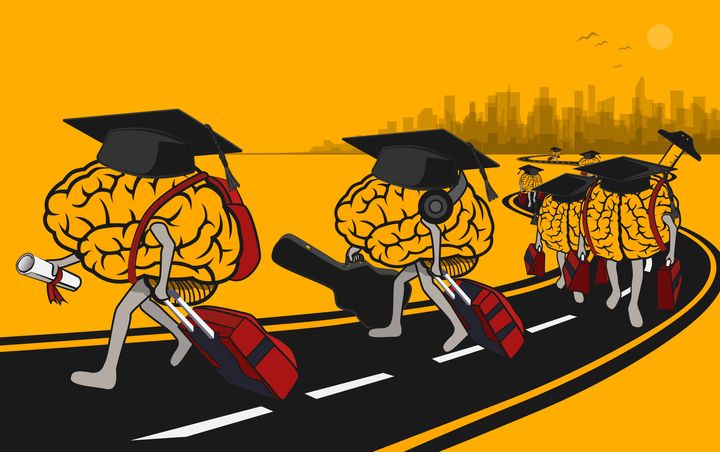 The graduate brains leave the city with their luggage. (Used clipping mask)