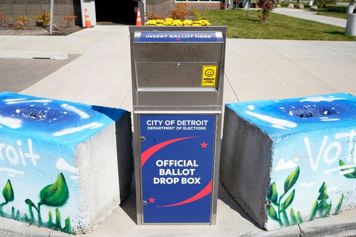 A ballot drop box is shown where voters can drop off absentee ballots instead of using the mail in Detroit on Oct. 16, 2020. The widespread use of absentee ballot drop boxes during the 2020 election was largely trouble-free, contrary to claims made by former President Donald Trump and his Republican allies.