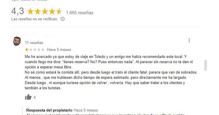 La reseña a la que contestó el restaurante de Toledo.
