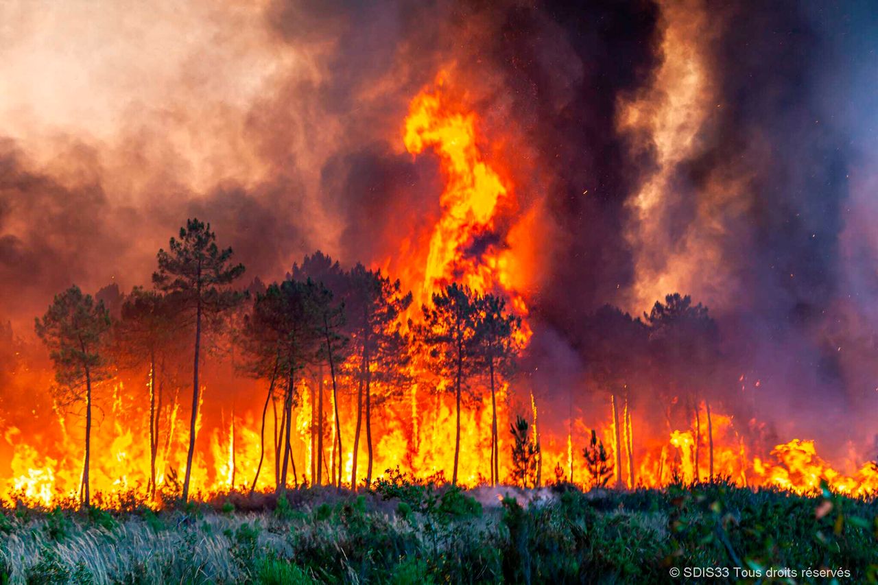 This photo provided by the fire brigade of the Gironde region (SDIS 33) shows a wildfire near Landiras, southwestern France, on July 17, 2022. 