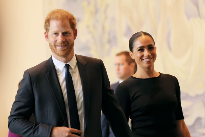 The Duke and Duchess of Sussex arrive at the United Nations Headquarters on July 18, 2022, in New York City.