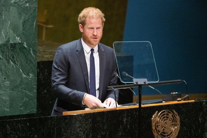 Le prince Harry prend la parole à l'Assemblée générale des Nations Unies à l'occasion de la Journée internationale Nelson Mandela au siège de l'ONU le 18 juillet.