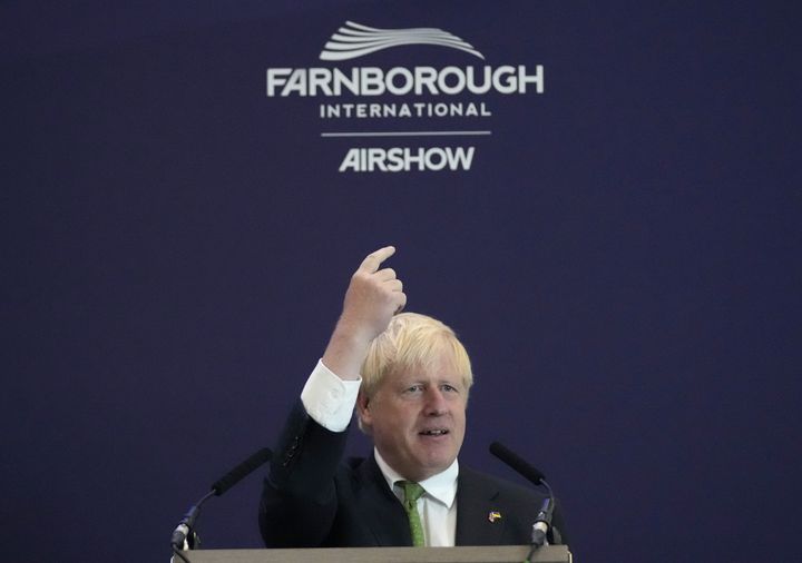 Prime Minister Boris Johnson makes a speech during a visit to the Farnborough International Airshow in Hampshire. 