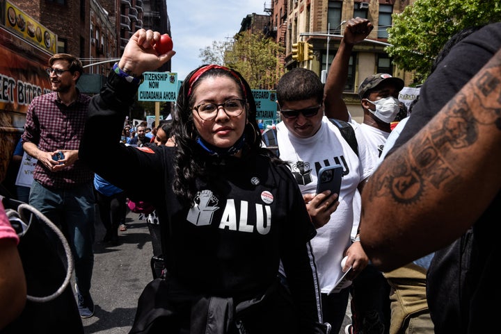 Amazon workers at a May Day rally in New York. The JFK8 facility was Amazon's first to unionize.