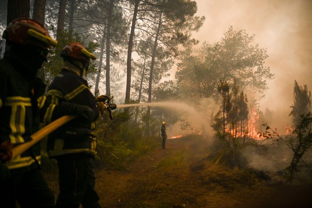 Des pompiers combattant le feu sur la commune de Louchats à l'ouest de Landiras, ce lundi 18 juillet.