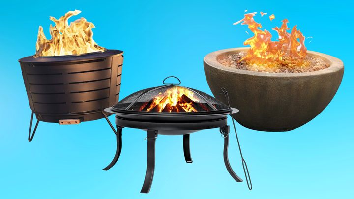 A Tiki brand portable wood-burning fire pit, a small steel bonfire pit with a spark screen and poker and a rock-style faux concrete gas fire pit.