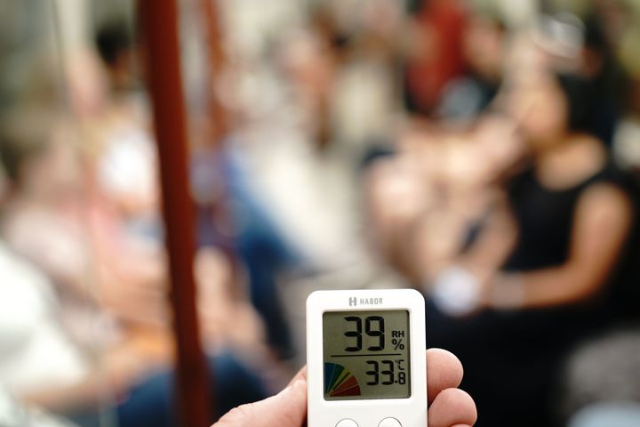 A thermometer displaying a temperature of 39C on a tube on the Bakerloo line of the London underground, Monday July 18, 2022.