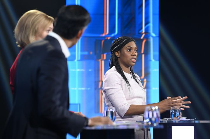 Kemi Badenoch with leadership rivals Liz Truss and Rishi Sunak during the last TV debate.
