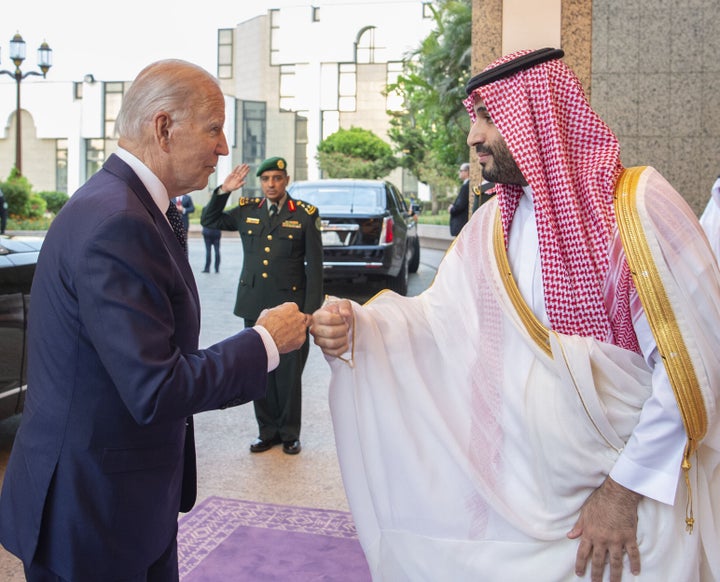 President Joe Biden (L) being welcomed by Saudi Arabian Crown Prince Mohammed bin Salman (R) at Alsalam Royal Palace in Jeddah, Saudi Arabia on July 15, 2022.