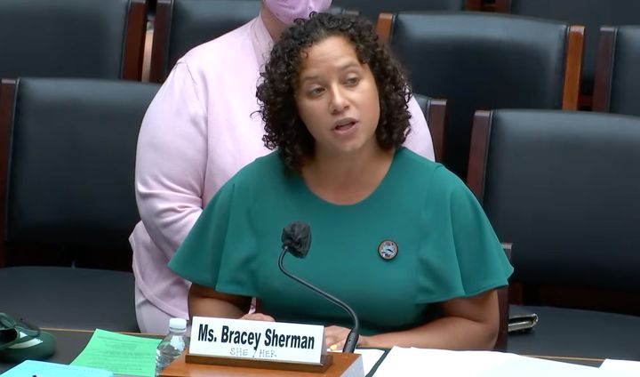 Renee Bracey Sherman, founder and executive director of We Testify, speaks in front of a House committee on Tuesday morning. 