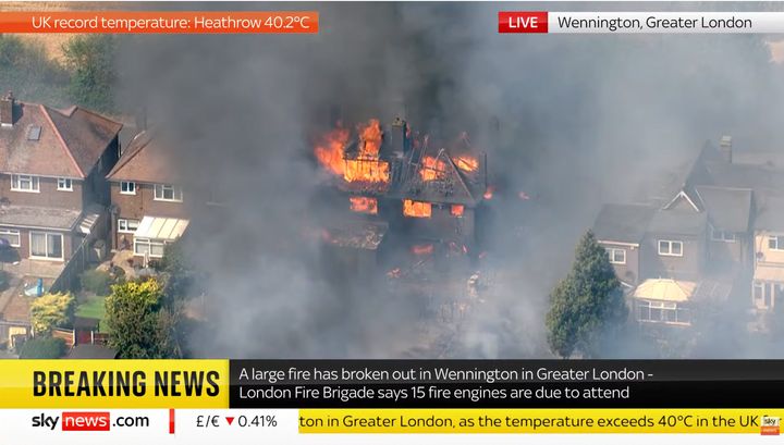 <strong>Video grab taken from Sky News of a blaze in the village of Wennington, east London.</strong>