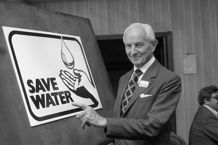 Lord Nugent, chairman of the National Water Council, with the new 'Save Water' symbol in 1976.