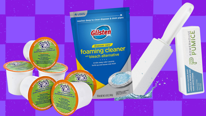 Cleaning cups for K-cup machines, Glisten garbage disposer foaming cleaner and Powerstone pumice stone toilet bowl.