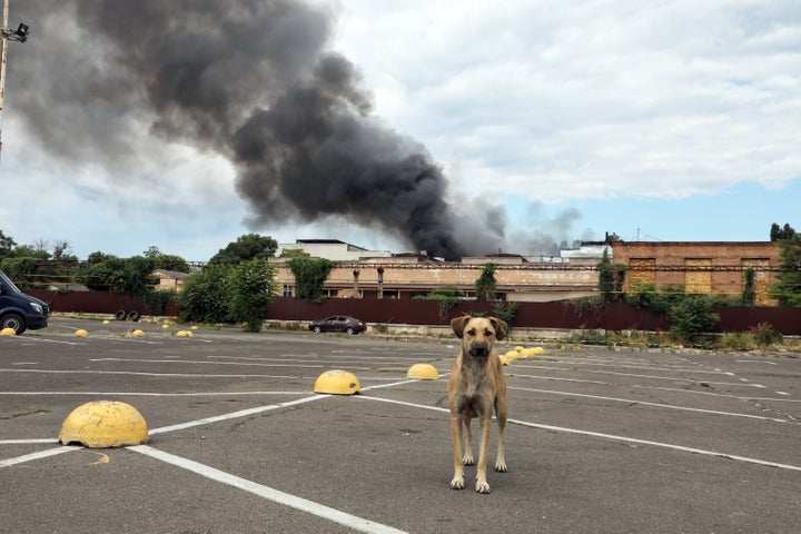 A plume of smoke rises above a commercial and industrial warehouse hit by a Russian rocket, Odesa, southern Ukraine. This photo cannot be distributed in the Russian Federation. (Photo credit should read Nina Liashonok/ Ukrinform/Future Publishing via Getty Images)