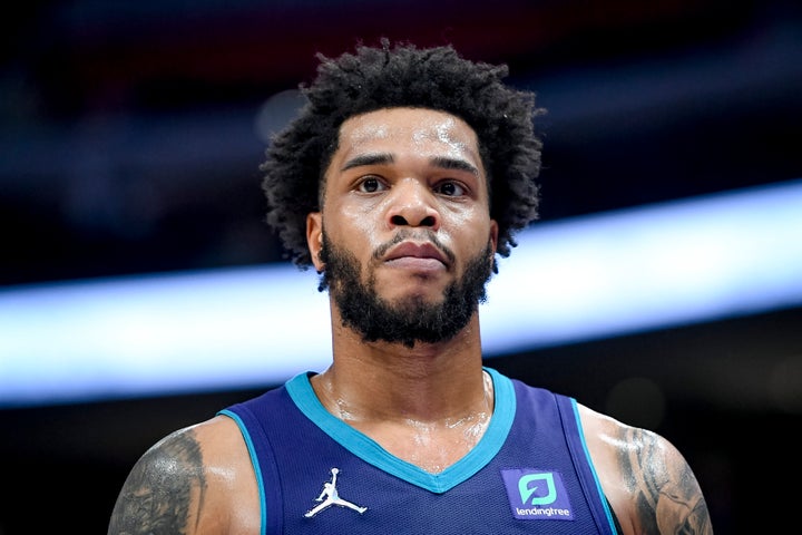 FILE: Miles Bridges of the Charlotte Hornets plays against the Detroit Pistons on February 11, 2022. Bridges is charged with three felony domestic violence charges stemming from assault accusations last month.