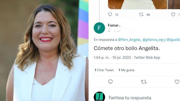 Ángela Rodríguez, junto al tuit al que dio respuesta.