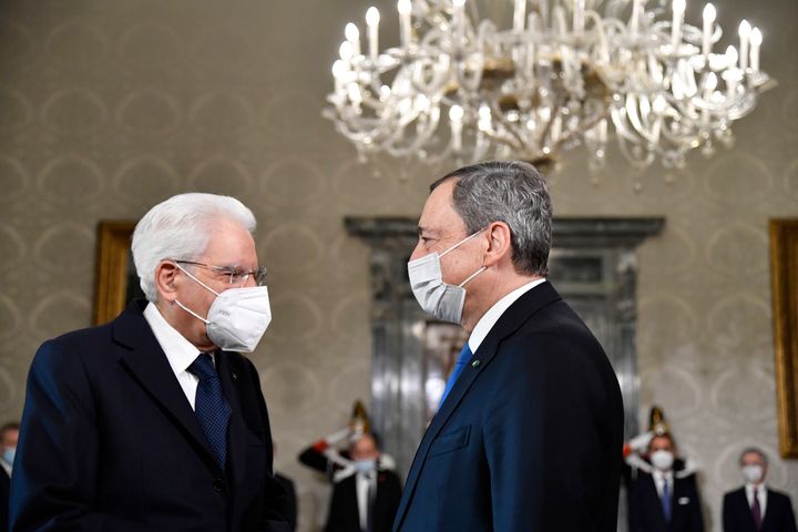Italy's President Sergio Mattarella, left, greets Italy's Prime Minister Mario Draghi at the Quirinale presidential palace in Rome on Nov. 26, 2021, ahead of the French president's visit.