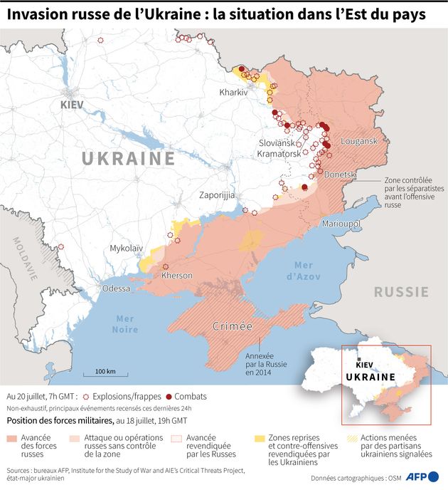 Carte de la situation en Ukraine, au 20 juillet 2022, après 147 jours de conflit.