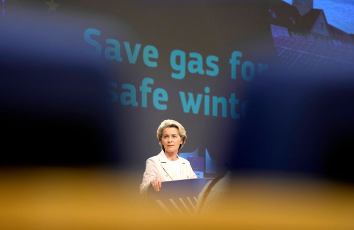 European Commission President Ursula von der Leyen speaks during a media conference at E.U. headquarters in Brussels on July 20, 2022. 