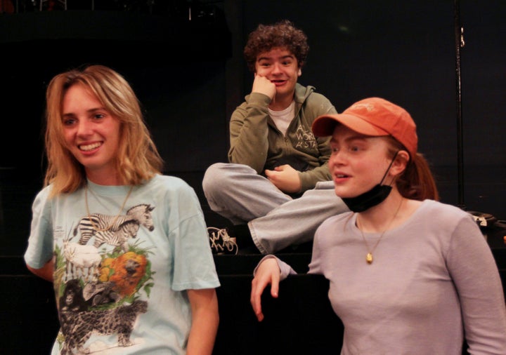 Maya Hawke (left) and Sadie Sink (right) visit their "Stranger Things" co-star Gaten Matarazzo after his performance in Broadway's "Dear Evan Hansen."