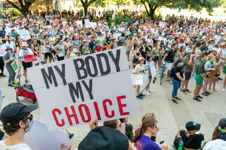 Abortion rights activists in Austin, Texas, protest after the overturning of Roe v. Wade by the U.S. Supreme Court. GOP lawmakers in Texas are looking to crack down on out-of-state travel to obtain an abortion.
