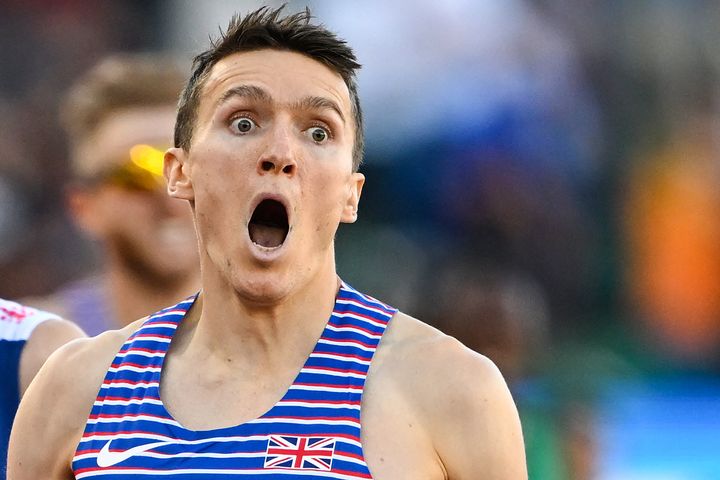 Britain's Jake Wightman reacts after winning the men's 1500m final during the World Athletics Championships at Hayward Field in Eugene, Oregon.