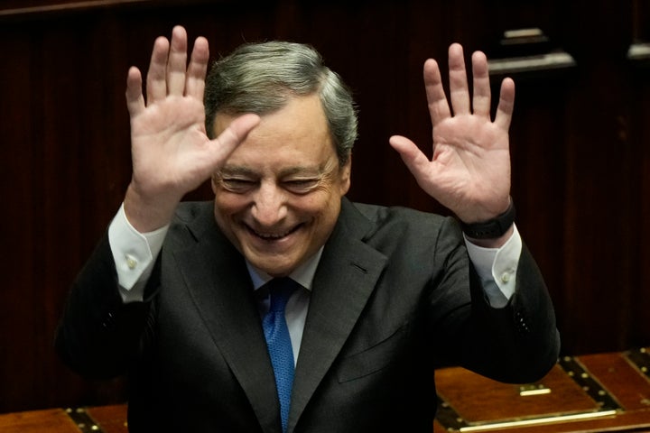 Italian Premier Mario Draghi waves to lawmakers at the end of his address at the Parliament in Rome, on July 21, 2022. Premier Mario Draghi's national unity government headed for collapse Thursday after key coalition allies boycotted a confidence vote, signaling the likelihood of early elections and a renewed period of uncertainty for Italy and Europe at a critical time.