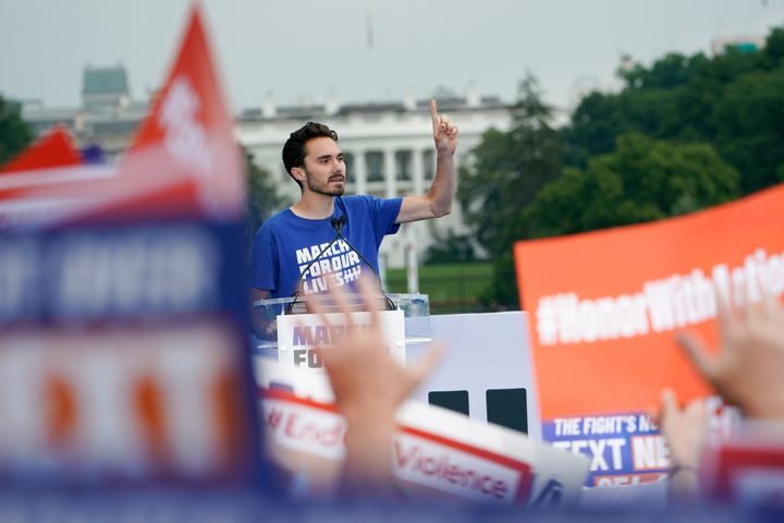 Parkland survivor and activist David Hogg is seen speaking to a crowd during the second March for Our Lives rally in support of gun control last month in Washington. Hogg on Wednesday interrupted a House Committee hearing on banning assault-style weapons like the one used in the shooting at his school.